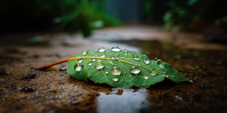 Green leaf with water droplets on wet soil surface in natural outdoor setting with soft background blurの素材