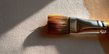 Paintbrush with orange bristles casting shadow on textured canvas with beige and white paint creating warm artistic moodの素材