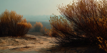 Dry bush landscape with dusty ground and warm sunlight creating calm and serene atmosphere in natureの素材
