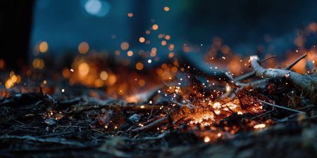 Burning forest floor with glowing embers and sparks creating warm, intense atmosphere in dark natural settingの素材