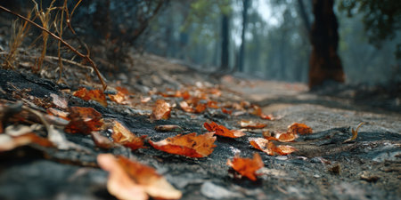 Burned leaves scattered on forest floor with dry branches and blurred trees in background creating somber moodの素材