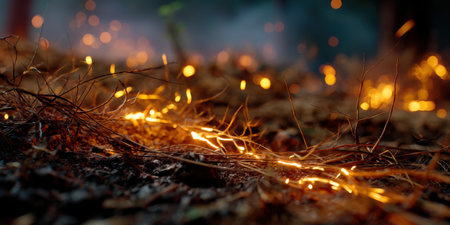 Burning dry twigs and leaves glowing with embers on forest floor at night with bokeh light effectの素材