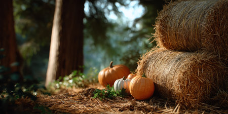 Pumpkins and hay bales rest on forest floor with soft sunlight filtering through tall trees creating warm autumn atmosphereの素材