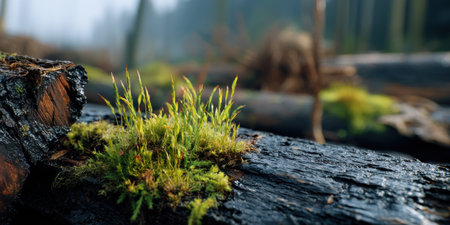 Moss beginning to regrow on burnt log in forest with blurred background creating peaceful natural sceneの素材