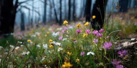Wildflower meadow with pink, yellow, and white flowers blooming in forest clearing, creating peaceful and vibrant natural sceneの素材
