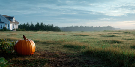 Pumpkin on grassy field near house with forest and cloudy sky in background creating calm rural atmosphereの素材