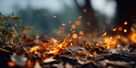 Small fire burning dry leaves and twigs on forest floor with glowing embers and blurred background creating warm atmosphereの素材