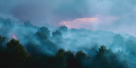 Forest fire with dense smoke covering trees and sky during sunset creating dramatic atmosphereの素材