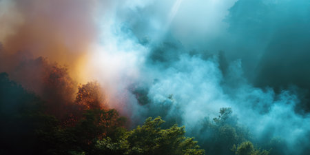 Dense smoke and fire engulfing forest with green trees visible through thick haze, creating dramatic natural sceneの素材