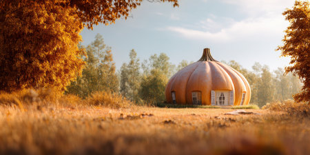 Giant pumpkin shaped house in autumn forest with warm sunlight and orange foliage creating cozy atmosphereの素材