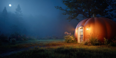 Giant pumpkin shaped house glowing warmly in misty forest clearing under full moonlight at nightの素材