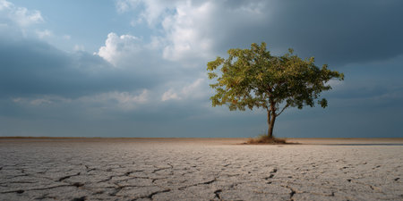 Lone tree standing on dry cracked earth under cloudy sky, evoking sense of solitude and resilience in natureの素材