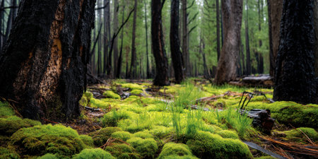 Moss covering forest floor with green plants and tree trunks in serene natural woodland environmentの素材