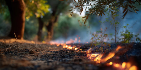 Burning wildfire line on dry forest ground with smoke and glowing embers creating dramatic natural sceneの素材
