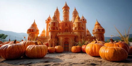 Pumpkin castle with multiple towers surrounded by pumpkins on sunny day with clear sky and mountainsの素材