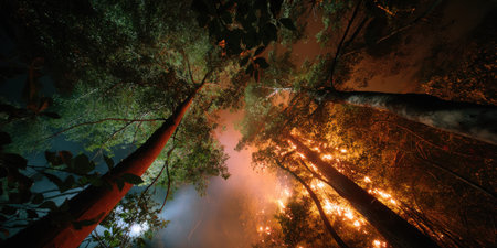 Forest fire at night with glowing flames and smoke rising among tall trees, creating dramatic and intense atmosphereの素材