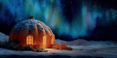 Pumpkin house with glowing windows and snow on top under colorful northern lights in magical winter nightの素材