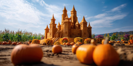 Fantasy pumpkin castle with multiple towers surrounded by pumpkins and flowers under blue sky on sunny dayの素材