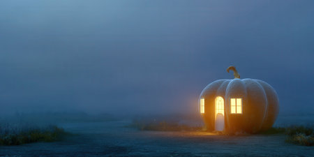 Pumpkin shaped house glowing warmly in foggy night with soft light and mysterious atmosphereの素材