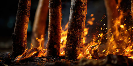 Burning tree trunks with bright orange flames and sparks glowing in dark forest at night creating dramatic fiery sceneの素材