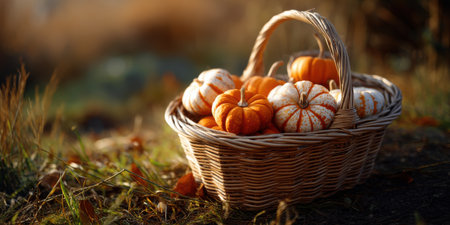 Mini pumpkin basket autumn harvest decoration with natural light and warm toneの素材