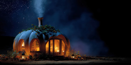 Pumpkin shaped cabin glowing warmly at night with lanterns and smoke rising under starry sky creating cozy atmosphereの素材