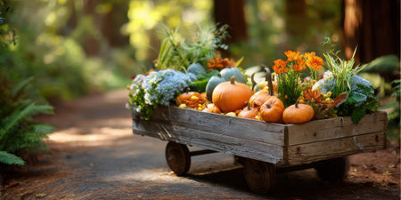 Wooden cart filled with pumpkins, flowers, and greenery on forest path with warm sunlight creating peaceful autumn sceneの素材