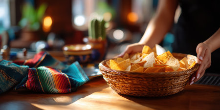 Basket of tortilla chips on wooden table with colorful cloth and blurred background creating warm atmosphereの素材
