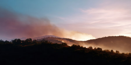Wildfire burning across hilly landscape with glowing flames and smoke under colorful sky at duskの素材