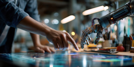 Human finger and robotic hand touching on interactive table, futuristic workshop sceneの素材