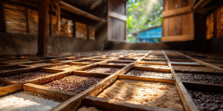 Artisanal cocoa drying room with wooden trays and sunlit beans creating warm atmosphereの素材