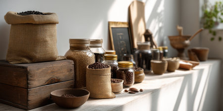 Natural pantry counter with jars bags of beans and spices in warm lightの素材