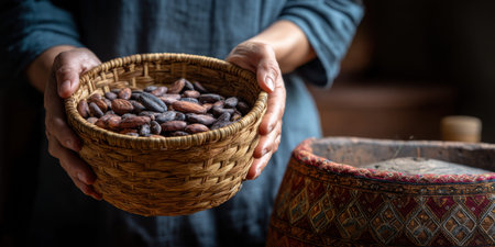 Handheld woven basket filled with cacao bean harvest, warm rustic kitchen sceneの素材
