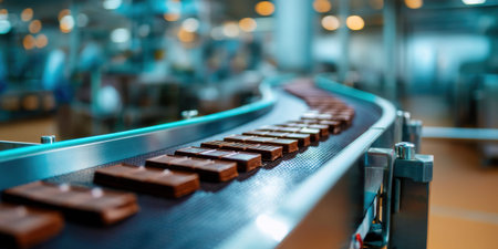 Chocolate squares moving curved conveyor modern production line conveying industrious atmosphereの素材
