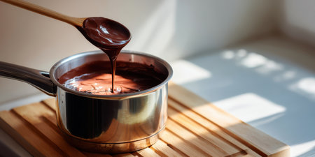 Melting chocolate sauce in saucepan over double boiler, glossy spoon drips indulgentの素材
