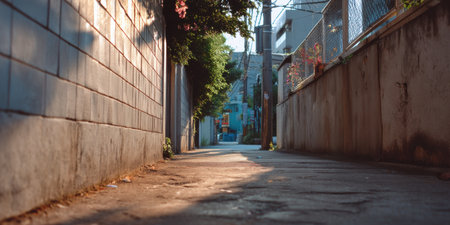 Quiet alley low angle urban street sunlight empty walkway textured wall concrete perspectiveの素材