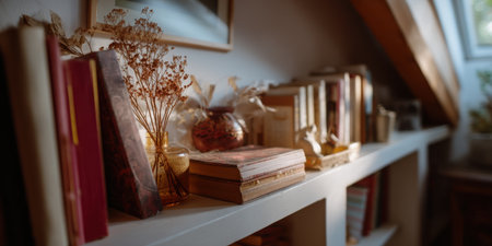 Warm attic shelf with stacked books, dried flowers, glass vases, cozy lightの素材