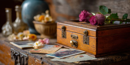 Vintage wooden music box rose old postcards dried petals rustic tableの素材