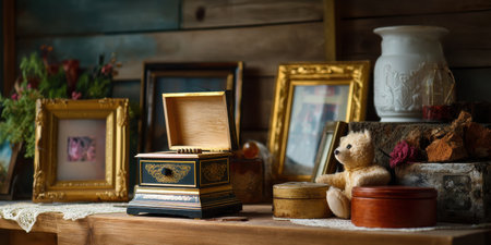 Vintage music box, teddy bear, framed photo, wooden shelf, decorative tinの素材