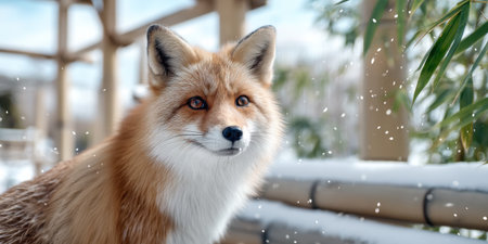 Red fox close up snowy garden portrait with falling snow flakesの素材