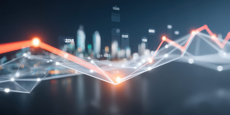 Data finance analytics technology glowing data tunnel with abstract city background futuristicの素材