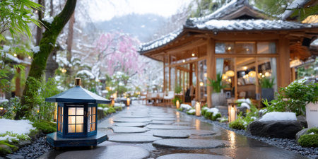Snow lantern garden pathway winter Japanese traditional house evening serene snowy lanternの素材