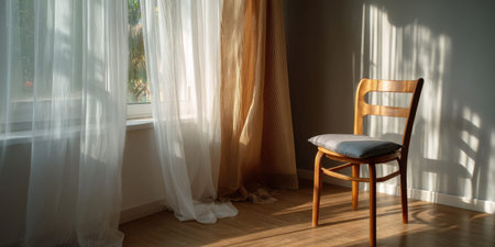 Minimal living room sunlight wooden chair curtain window cushion shadow interior cozy mood softの素材