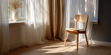 Minimal living room wooden chair sunlight sheer curtain interior design calm mood morning lightの素材