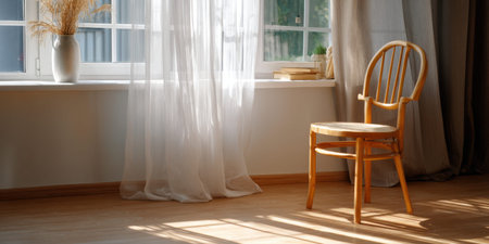 Serene living room sunlight wooden chair sheer curtain window interiorの素材