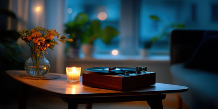 Cozy living room vinyl record player warm candlelight tableの素材