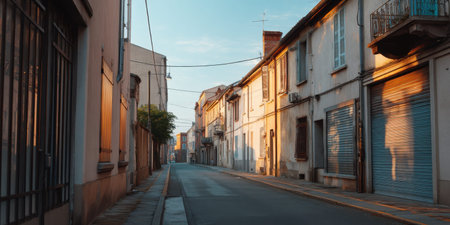 Old residential street wide street eye level view empty road sunset light calm old residentialの素材