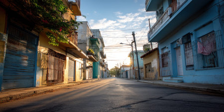 Old street empty road urban neighborhood colorful building morning light quiet old street emptyの素材
