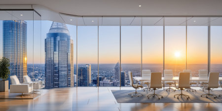 Modern office glass wall city skyline sunset meeting room skyscraper luxury bright spaciousの素材