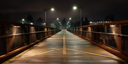 Pedestrian bridge night wooden walkway street light emptyの素材